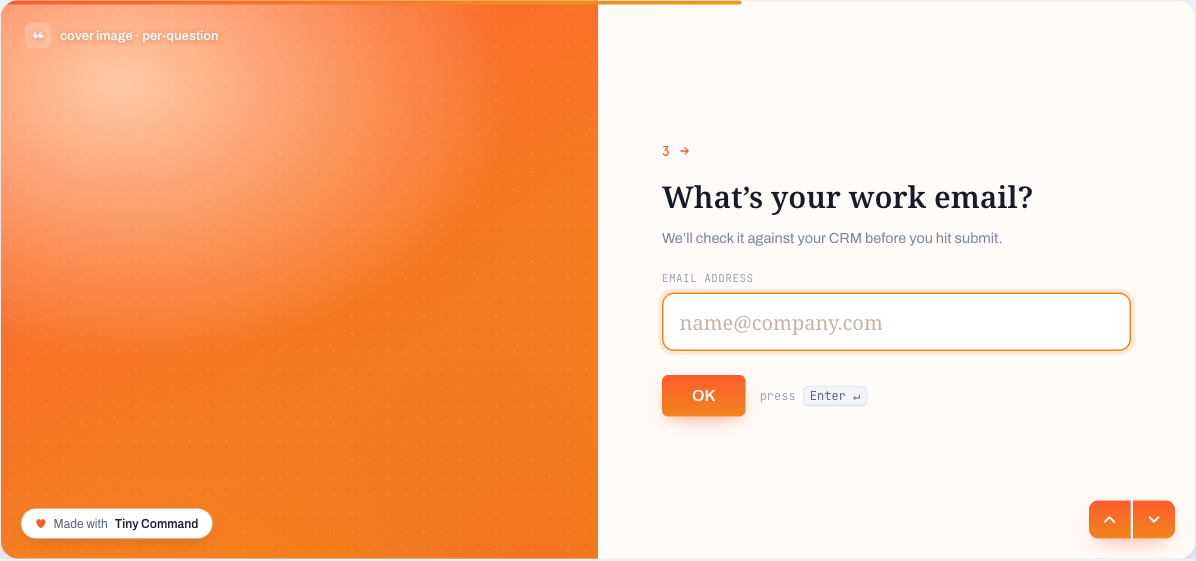 A published TinyForm in Card mode: one question per screen with a themed cover panel and progress bar