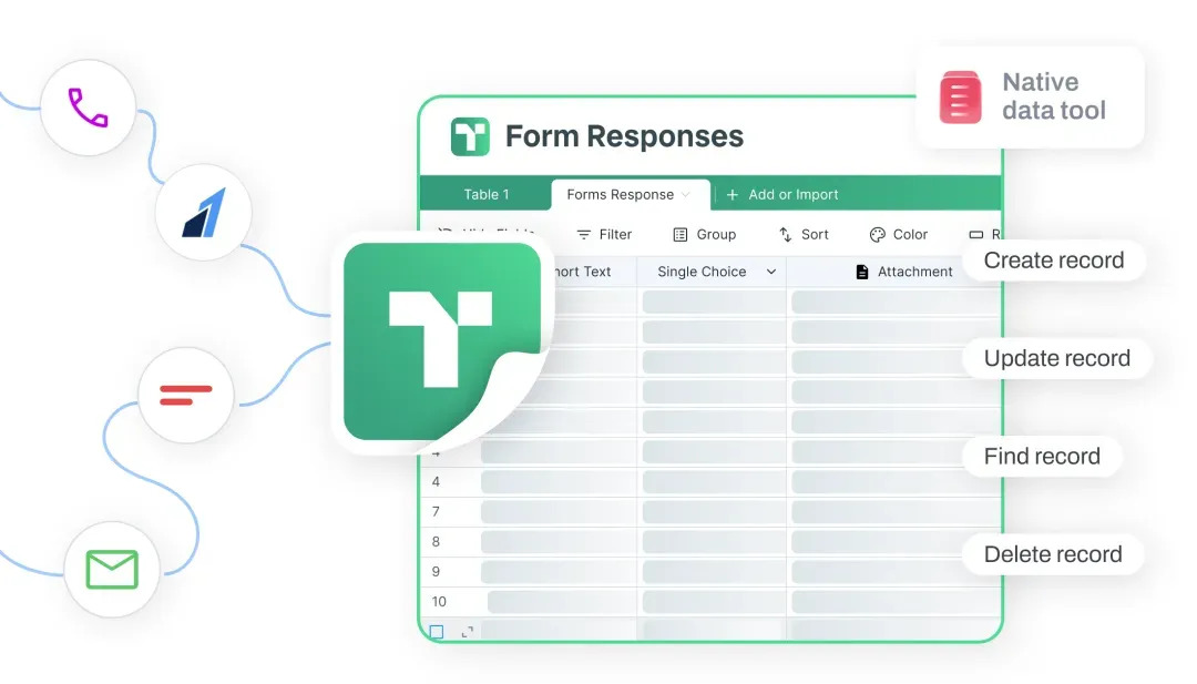 Form responses landing in a TinyTables grid, ready to view, update and act on